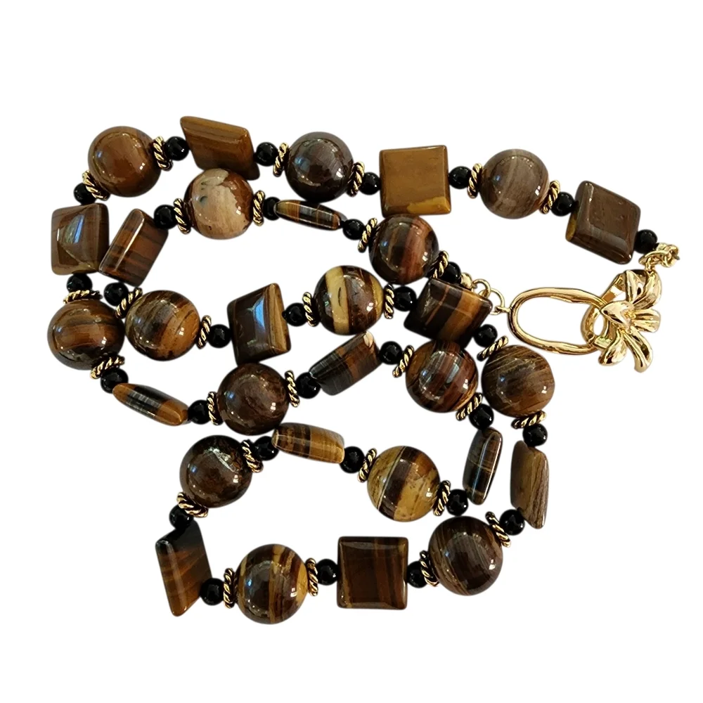 Cat's eye gemstones necklace 14k GP CZ flower clasp gold tigers eye L509 -Q5